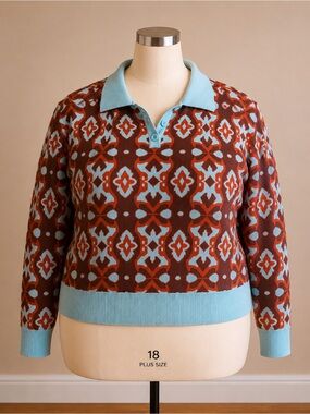 Cider Retro Brown and Light Blue Patterned V-Neck Polo Sweater